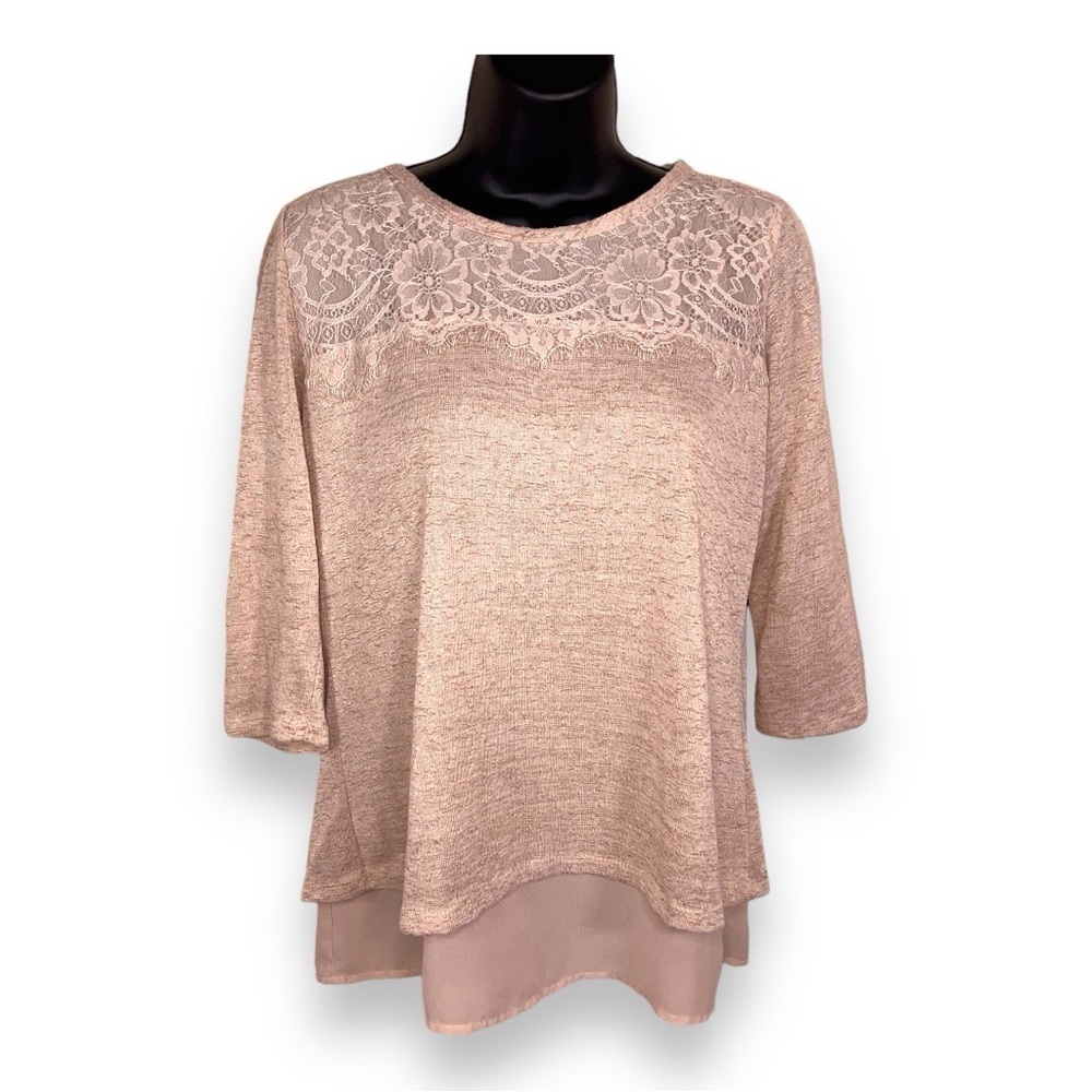 XS ADIVA BEIGE KNIT LACE CHIFFON TOP 3/4 SLEEVE STRETCH NEUTRAL